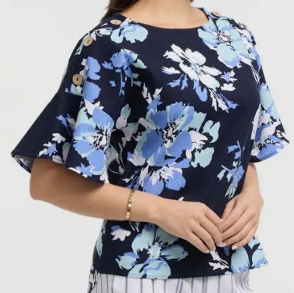 Ellen Tracy Women's Ladies Navy Blue Floral Sleeve Linen Blouse Sz S (3) One XS